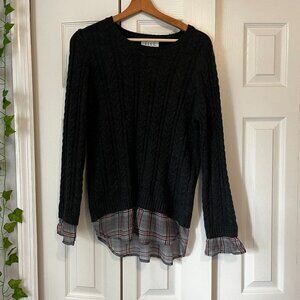 Grey Knit Sweater with Flannel Trim